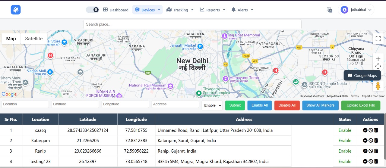 Point of Interest (POI) management screen allowing users to define and manage important geographic locations